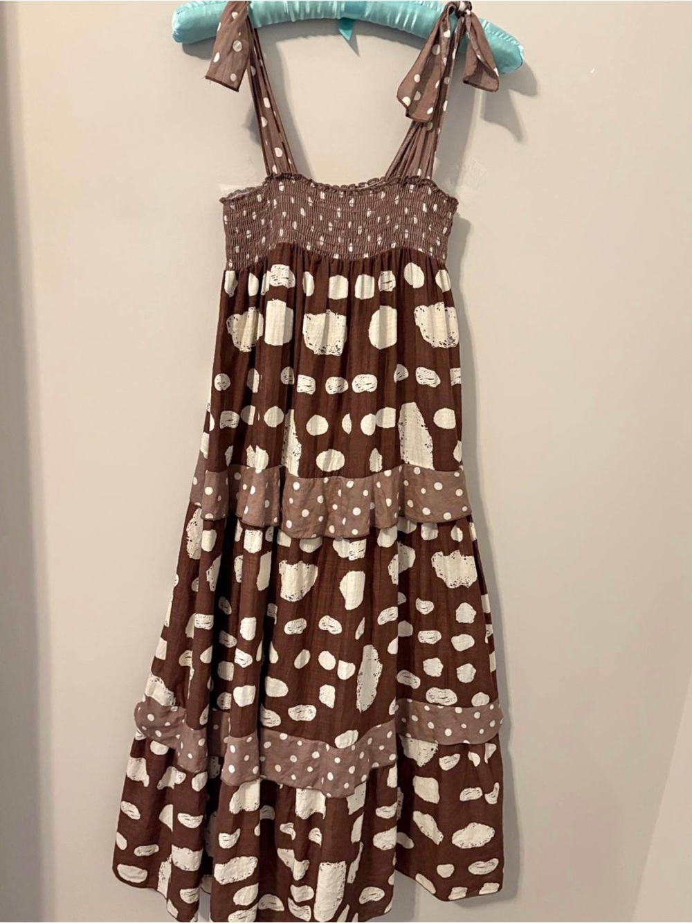Bucketlist Maxi Dress Medium Shirred Bodice Tiered Brown Cream Polka Dot
